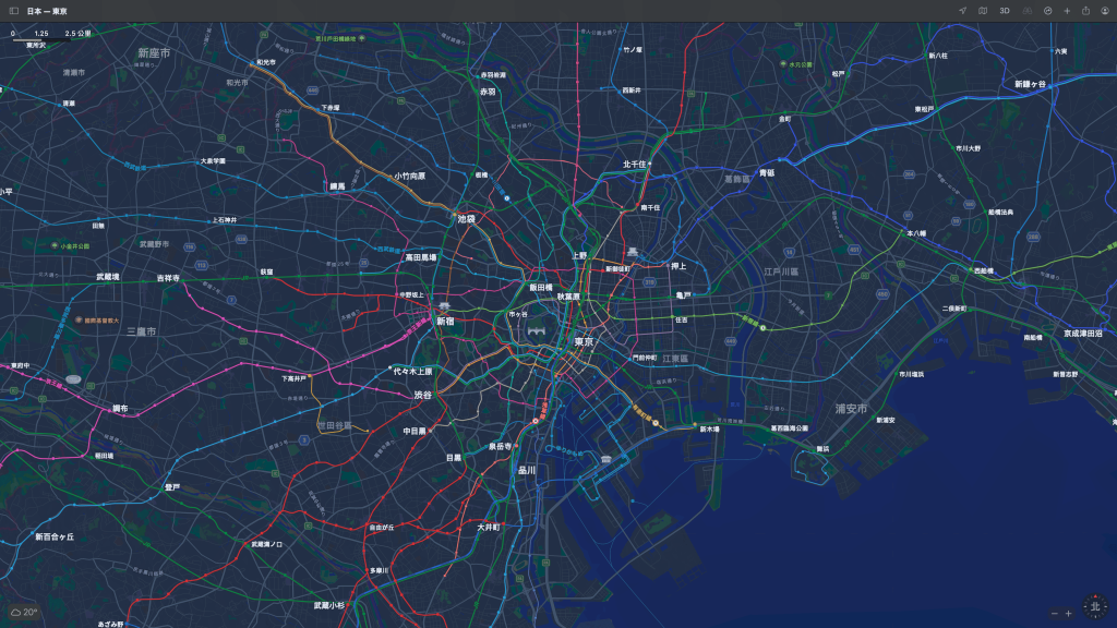東京交通圖，路線範圍遍及整座城市，並以放射線狀呈現，中心點是東京車站