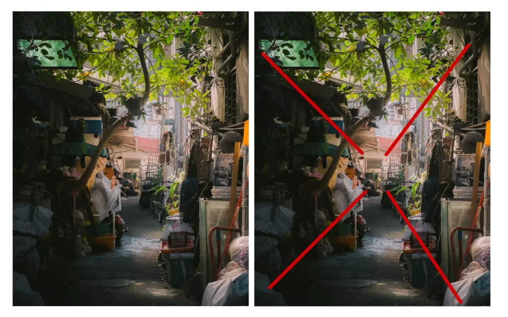 引導線構圖的範例，龍潭的巷道雜物堆積，使用引導線構圖引導視覺焦點至中心鐵門
