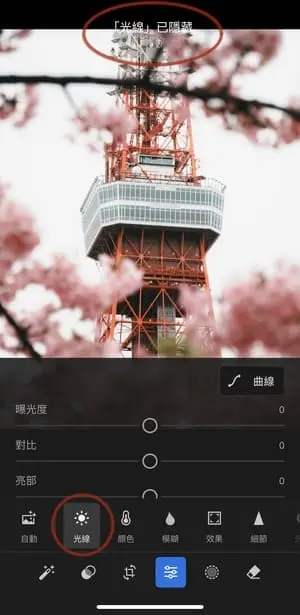 按住單一功能，可以只隱藏一個調色區塊，圖片為模擬隱藏光線面板