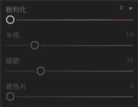 這是 Lightroom 銳利化面板中的四項數值，分別為強度、半徑、細節、遮色片