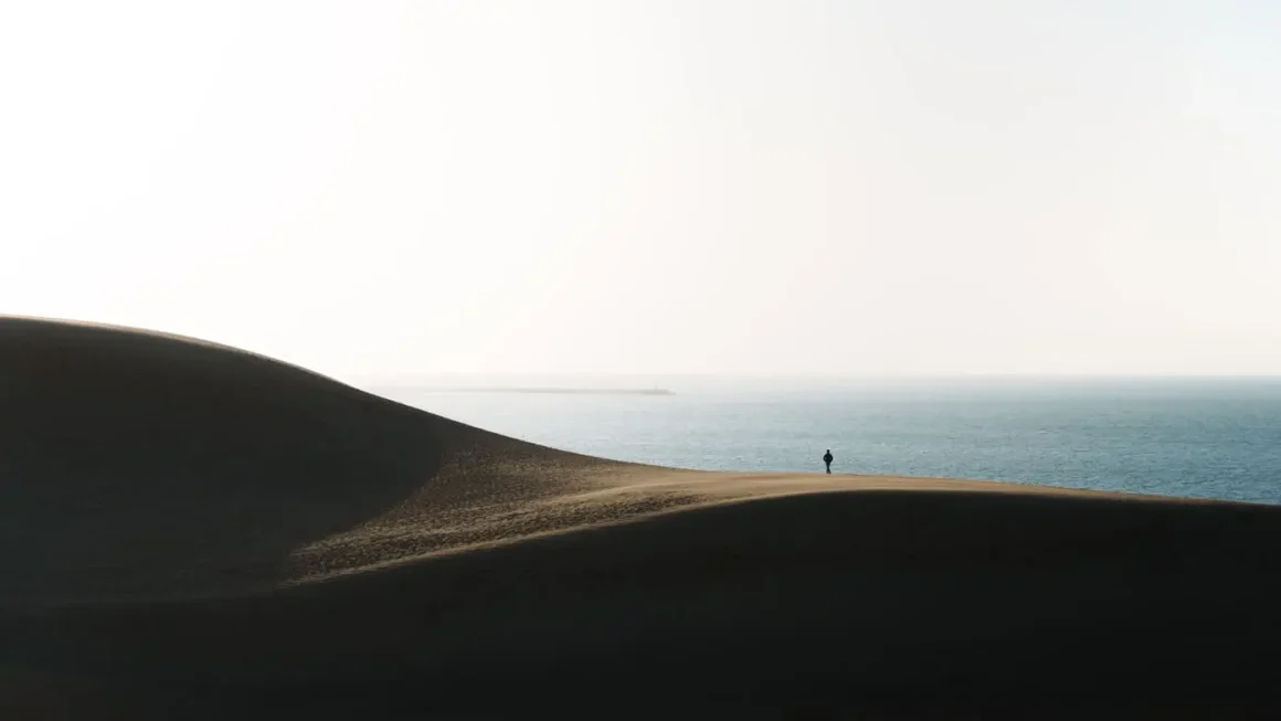 鳥取沙丘的傍晚照片,一個旅行者站在沙丘上眺望遠方
